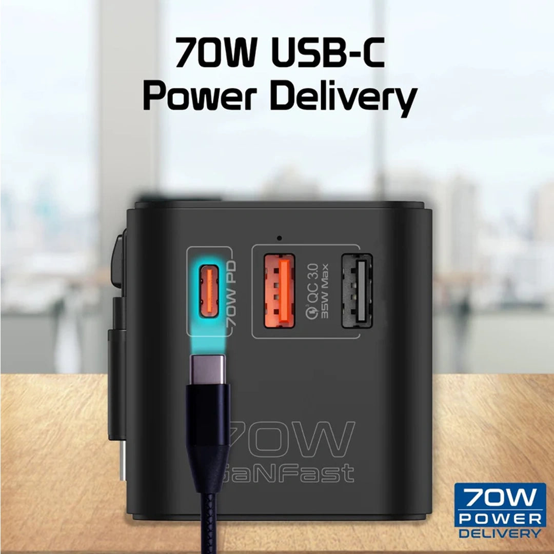 Promate 70W GaN Travel Adapter with Retractable Built-in USB-C Cable in Qatar Promate 70W GaN Travel Adapter with Retractable Built-in USB-C Cable in Qatar